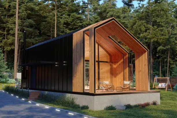 Contemporary ADU with wood interior, glass walls, and forest views. -adu floor plan