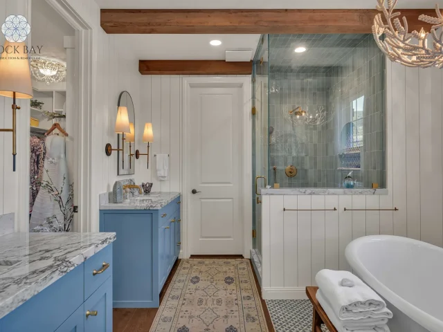 Bathroom remodeling blue vanity marble countertop